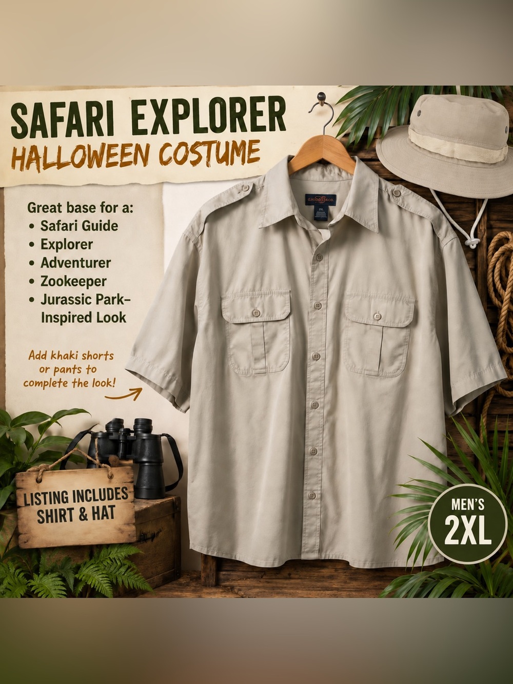 Men's Safari Explorer Costume, Size-XXL Short-Sleeve Shirt and hat